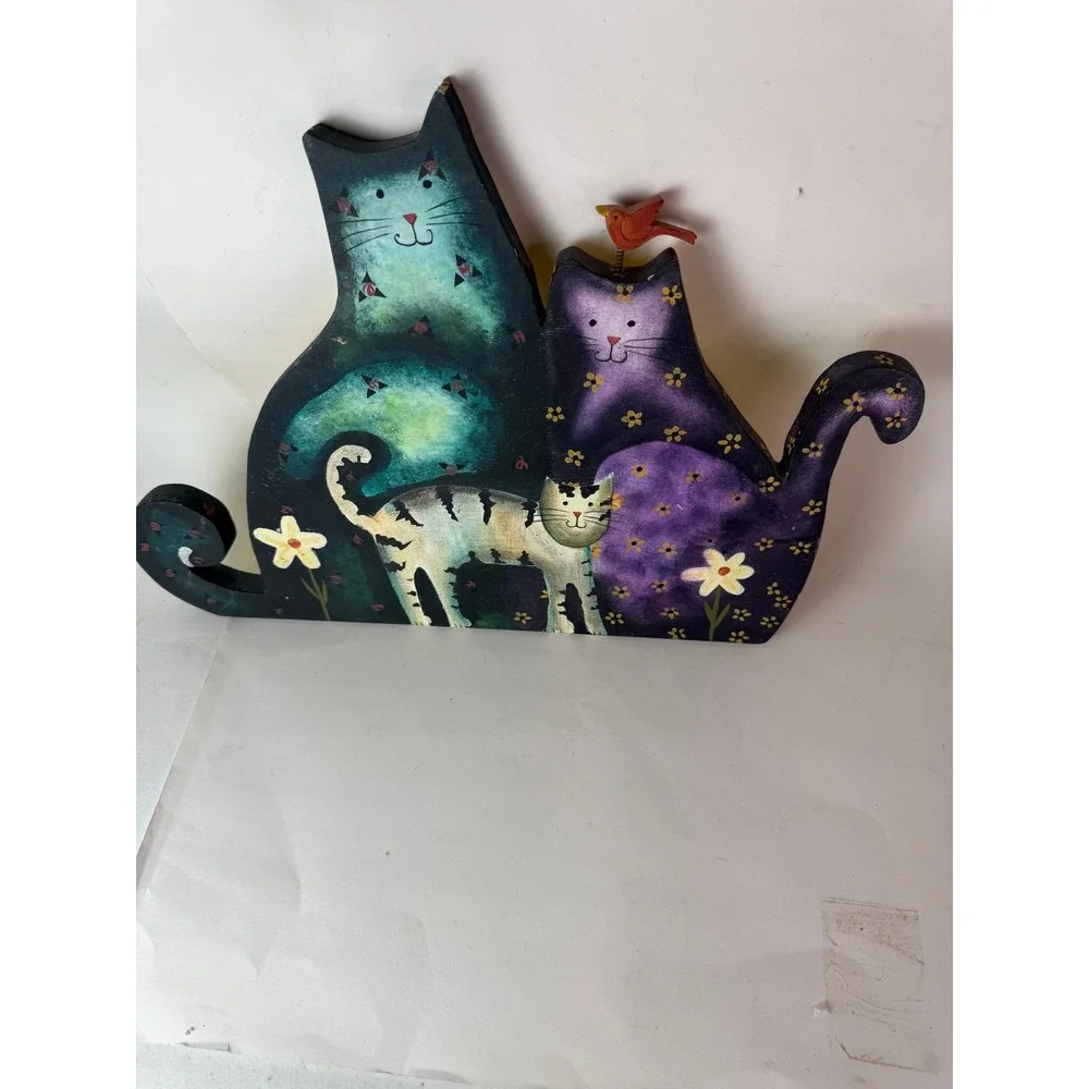 Whimsical Hand Painted Wooden Cat Trio Wall Hanging with Bobble Bird 18in